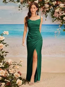 Платье плиссированное Shein Belle с высоким разрезом, темно-зеленый