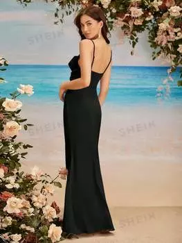 Платье плиссированное Shein Belle с высоким разрезом и лямкой, черный