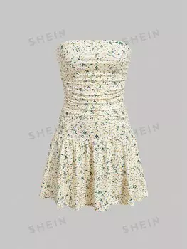 Платье плиссированное Shein Ezwear с цветочным принтом, абрикосовый