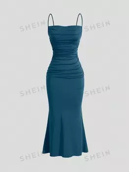 Платье плиссированное Shein Mod с ремешками и подолом, бирюзовый / синий