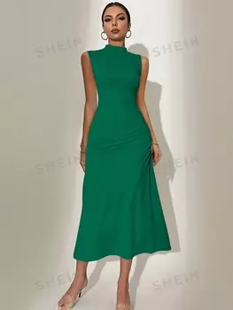 Платье плиссированное Shein Priv без рукавов, зеленый