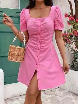 Платье плиссированное Shein WYWH с квадратным вырезом, ярко-розовый