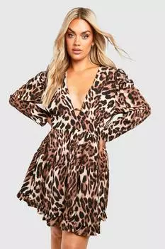 Платье plus леопардовое платье с буфами и рукавами Boohoo, леопардовый