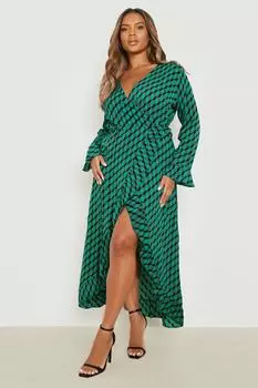 Платье плюс с абстрактным принтом и оборками на запахе boohoo, зеленый