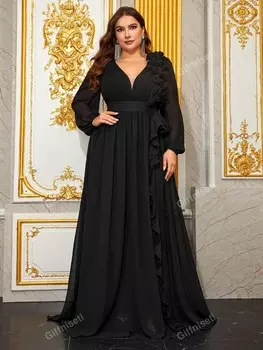 Платье Plus с декоративными цветочными рюшами и рукавами-фонарями из 3D шифона Giffniseti, черный