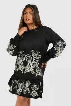 Платье плюс с длинными рукавами и тканой вышивкой, оборками и подолом boohoo, черный