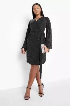 Платье Plus с металлизированным запахом и поясом boohoo, черный