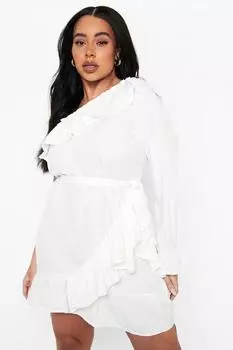Платье плюс с одным плечем и завязкой на талии с рюшами Boohoo, слоновая кость