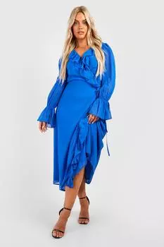 Платье плюс с рюшами и запахом boohoo, синий