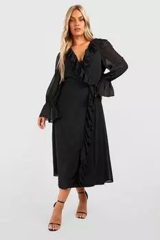 Платье плюс с рюшами и запахом boohoo, черный