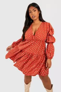 Платье плюс с тканым ярусом и v-образным вырезом Boohoo, ржавый