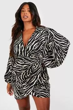 Платье Plus с зебровым принтом и блузкой с рукавами и запахом boohoo, черный