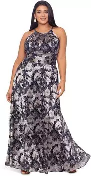 Платье Plus Size Long Halter Wrap Foil Print Betsy & Adam, цвет Navy/Gunmetal