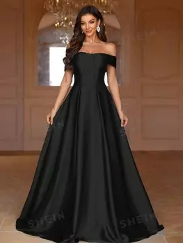 Платье подружки невесты Belle, фасон А-силуэта, открытое плечо, однотонное (для взрослых), вечернее Женское платье Shein, черный