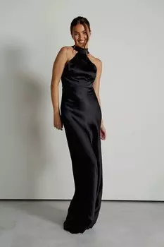 Платье подружки невесты из атласа с бретелью через шею Six Stories, черный
