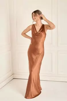 Платье подружки невесты из атласа с воротником хомутиком Six Stories, оранжевый