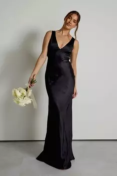 Платье подружки невесты из атласа с перекрученной спинкой Six Stories, черный