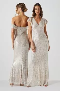 Платье подружки невесты макси с V-образным вырезом и рукавами ангела и пайетками Coast, бежевый