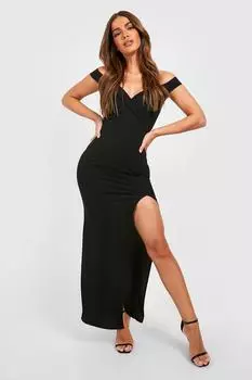Платье подружки невесты макси с запахом и открытыми плечами boohoo, черный
