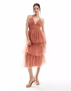 Платье подружки невесты Одетт мидакси из кружева и бисера терракотового цвета Lace & Beads