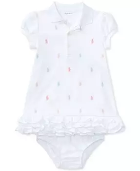 Платье-поло с оборками и принтом пони для маленьких девочек Polo Ralph Lauren, белый