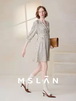 Платье полосатое Mslan с V-образным вырезом, миндальный