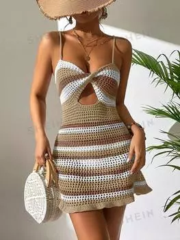 Платье полосатое на бретельках Shein Swim BohoFeel с закрученным передом и вырезом, хаки