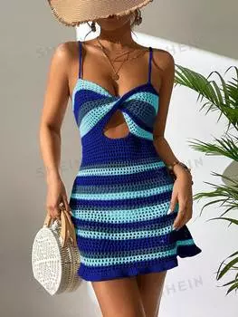 Платье полосатое на бретельках Shein Swim BohoFeel с закрученным передом и вырезом, темно-синий