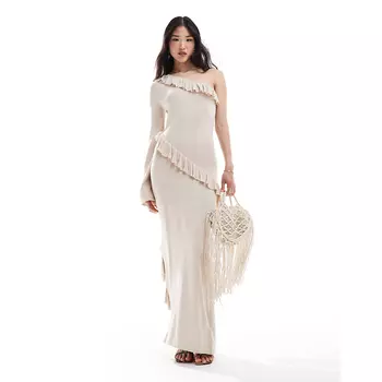 Платье Pretty Lavish Asymmetric Ruffle Knit Maxi, кремовый