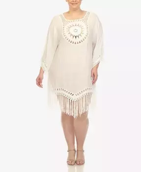 Платье-прикрытие с бахромой и вязанной крючком больших размеров White Mark, белый
