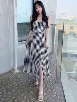 Платье, принт «гусиные лапки», разрезы по бокам, бретельки-спагетти Dazy, черно-белый