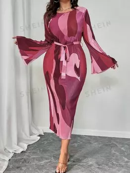 Платье Priv, круглый вырез, большие размеры, принт по всей поверхности, простой фасон, Облегающий силуэт, длина до колена Shein, мультиколор