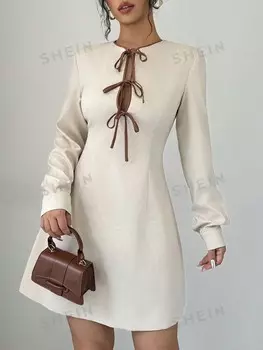 Платье Priv с Длинными рукавами и узором колор-блок Его можно носить как весной, так и осенью Shein, абрикосовый