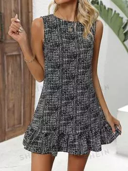 Платье прямое Shein Lune с цветочным принтом и рюшами по краю, черный