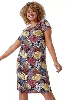 Платье прямого кроя Curve с принтом листьев и стрейч-листом Roman, коричневый