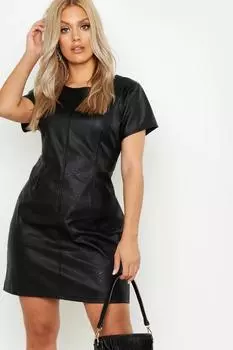 Платье прямого кроя из искусственной кожи плюс с короткими рукавами boohoo, черный