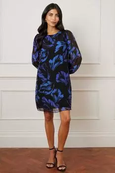 Платье прямого кроя из шелкового микса с принтом перьев Wallis, черный