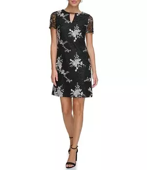 Платье прямого кроя Kensie с кружевным круглым вырезом и замочной скважиной с короткими рукавами и вышивкой, черный