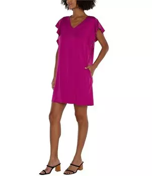 Платье прямого кроя Liverpool Los Angeles с v-образным вырезом и развевающимися рукавами, розовый