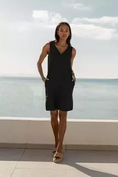 Платье прямого кроя 'Peggy' из смесового льна для миниатюрных размеров с V-образным вырезом Threadbare, черный