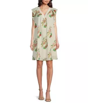 Платье прямого кроя Ro's Garden Parker с v-образным вырезом и короткими развевающимися рукавами и карманами, с принтом страусов, мультиколор