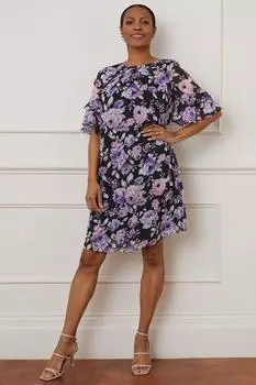 Платье прямого кроя с цветочным принтом и оборками на рукавах Wallis, черный