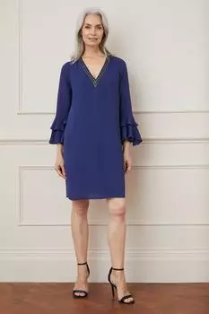 Платье прямого кроя с декорированными рукавами и рюшами Wallis, темно-синий