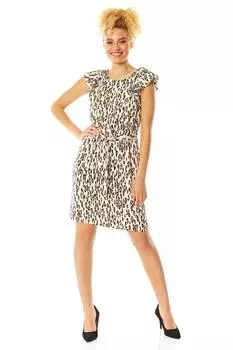 Платье прямого кроя с леопардовым принтом и оборками на рукавах Roman, коричневый