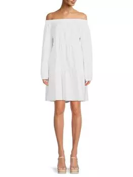 Платье прямого кроя с открытыми плечами из смесового льна Saks Fifth Avenue, белый