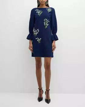 Платье прямого кроя с вышивкой и развевающимися рукавами Carolina Herrera, цвет Midnight Multi