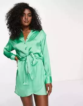 Платье Pull&Bear Tie Front Long Sleeve Satin Mini Shirt, зеленый