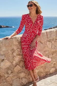 Платье расклешенного кроя и расклешенных рукавов со сборками спереди и точечным принтом Sosandar, красный