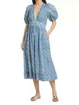 Платье Reine Poupette St Barth с пышными рукавами и цветочным принтом, синий-белый