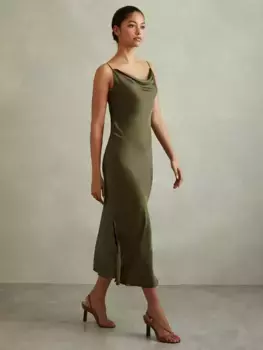 Платье Reiss Isabel Drape Neck Slip Midi, хаки